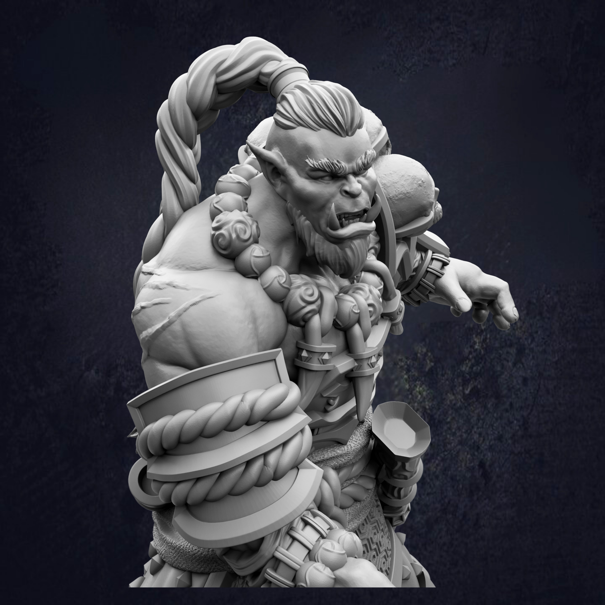A detailed 3D rendering of a fierce-looking warrior figure, with intricate armor and a fierce expression, set against a dark background.