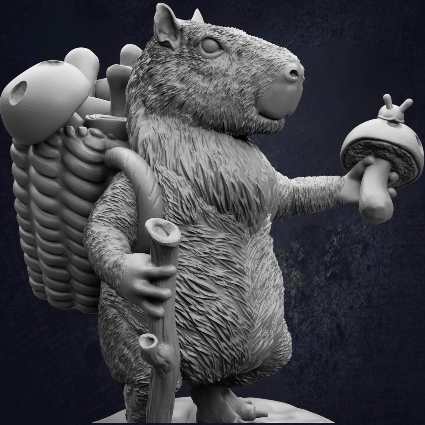 A detailed 3D rendering of a squirrel-like creature holding a mushroom and a walking stick, standing on a rock.