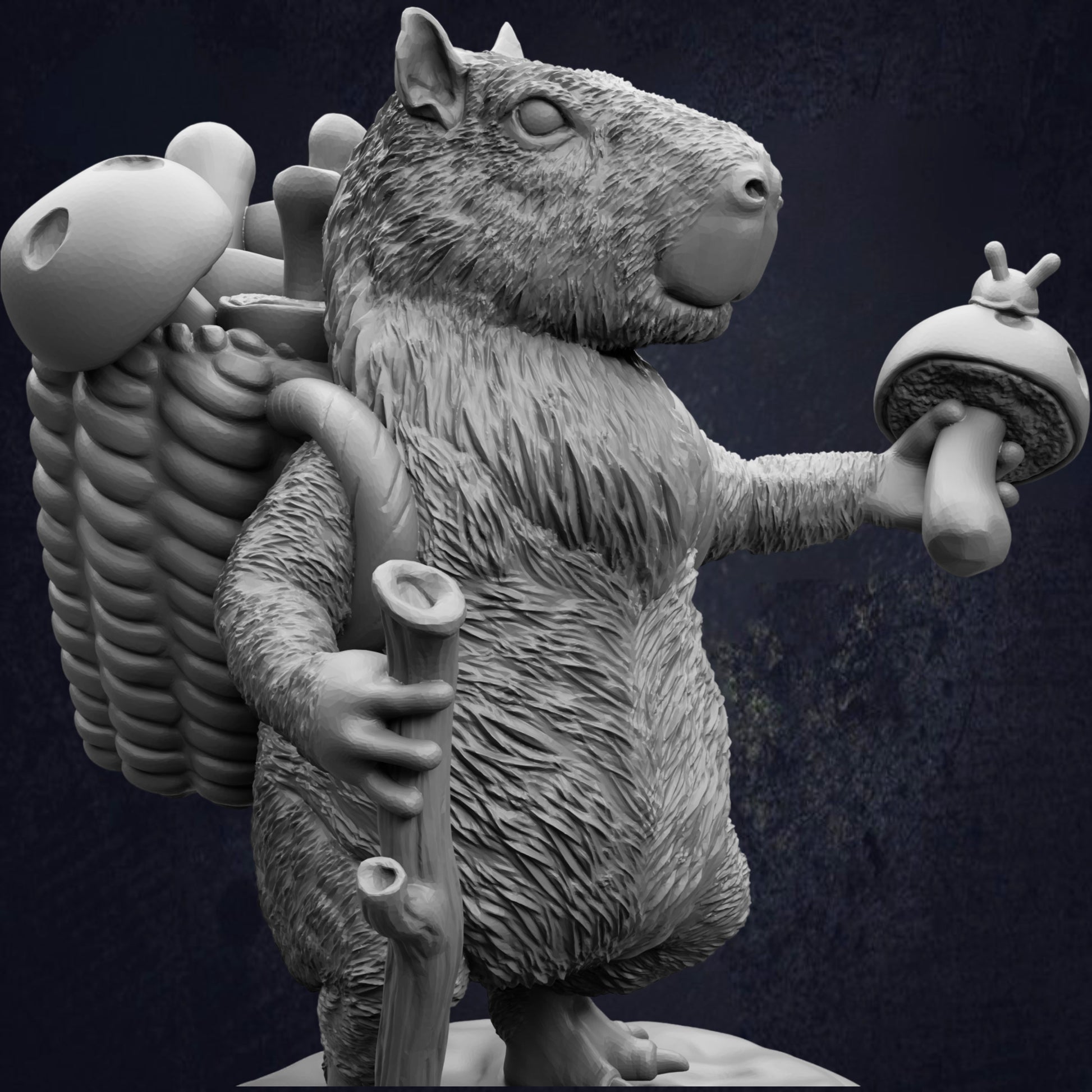 A detailed 3D rendering of a squirrel-like creature holding a mushroom and a walking stick, standing on a rock.