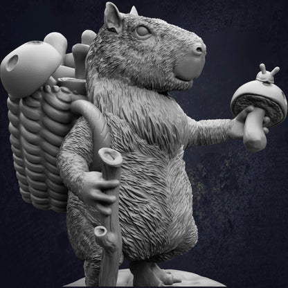 A detailed 3D rendering of a squirrel-like creature holding a mushroom and a walking stick, standing on a rock.