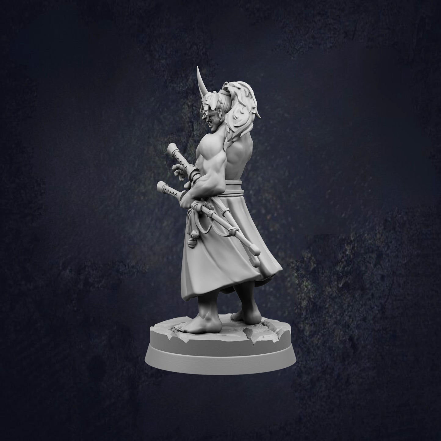 A white figurine of a warrior figure holding a sword and shield, standing on a pedestal against a dark background.