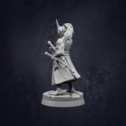 A white figurine of a warrior figure holding a sword and shield, standing on a pedestal against a dark background.