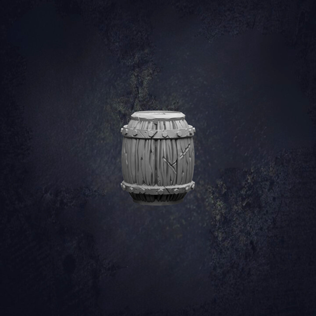 A wooden barrel with a carved design is shown against a dark, moody background.