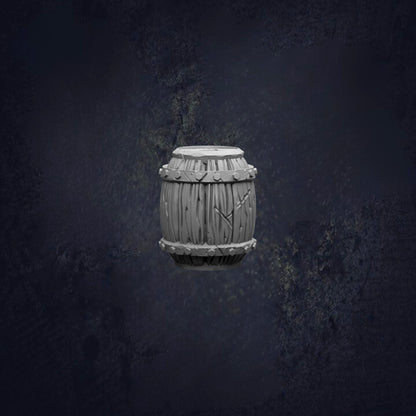 A wooden barrel with a carved design is shown against a dark, moody background.