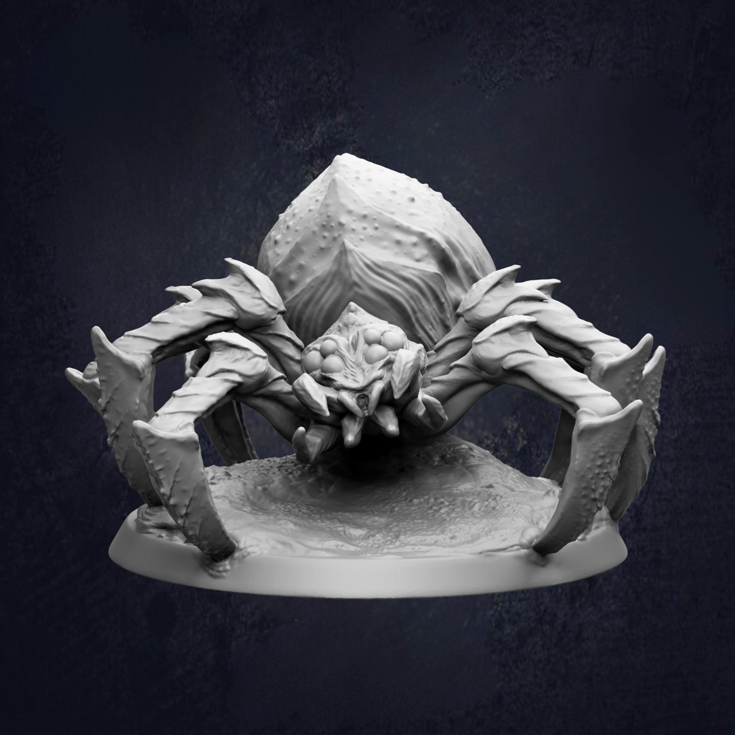 A detailed 3D model of a large, hairy spider with multiple legs and a prominent head, set against a dark background.