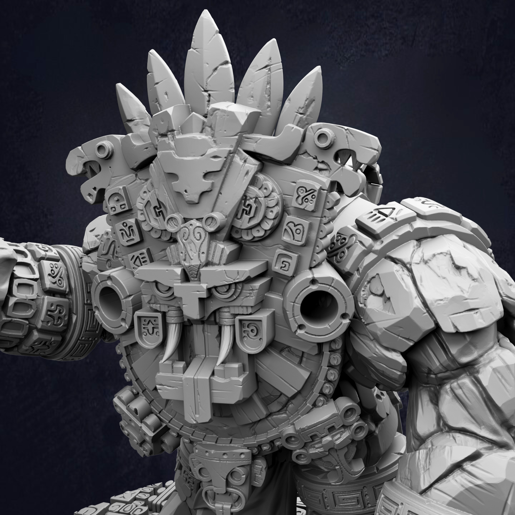 A detailed 3D rendering of a mechanical or robotic figure, with intricate and complex designs and features.