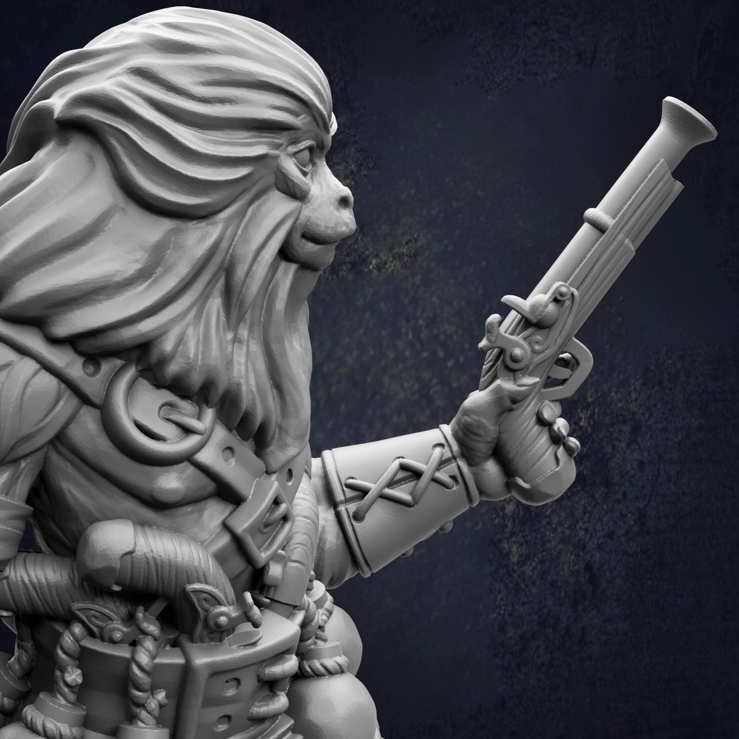 A detailed 3D model of a character with a long beard and a gun, set against a dark background.