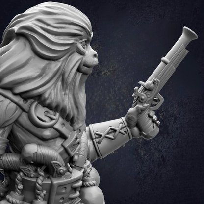 A detailed 3D model of a character with a long beard and a gun, set against a dark background.