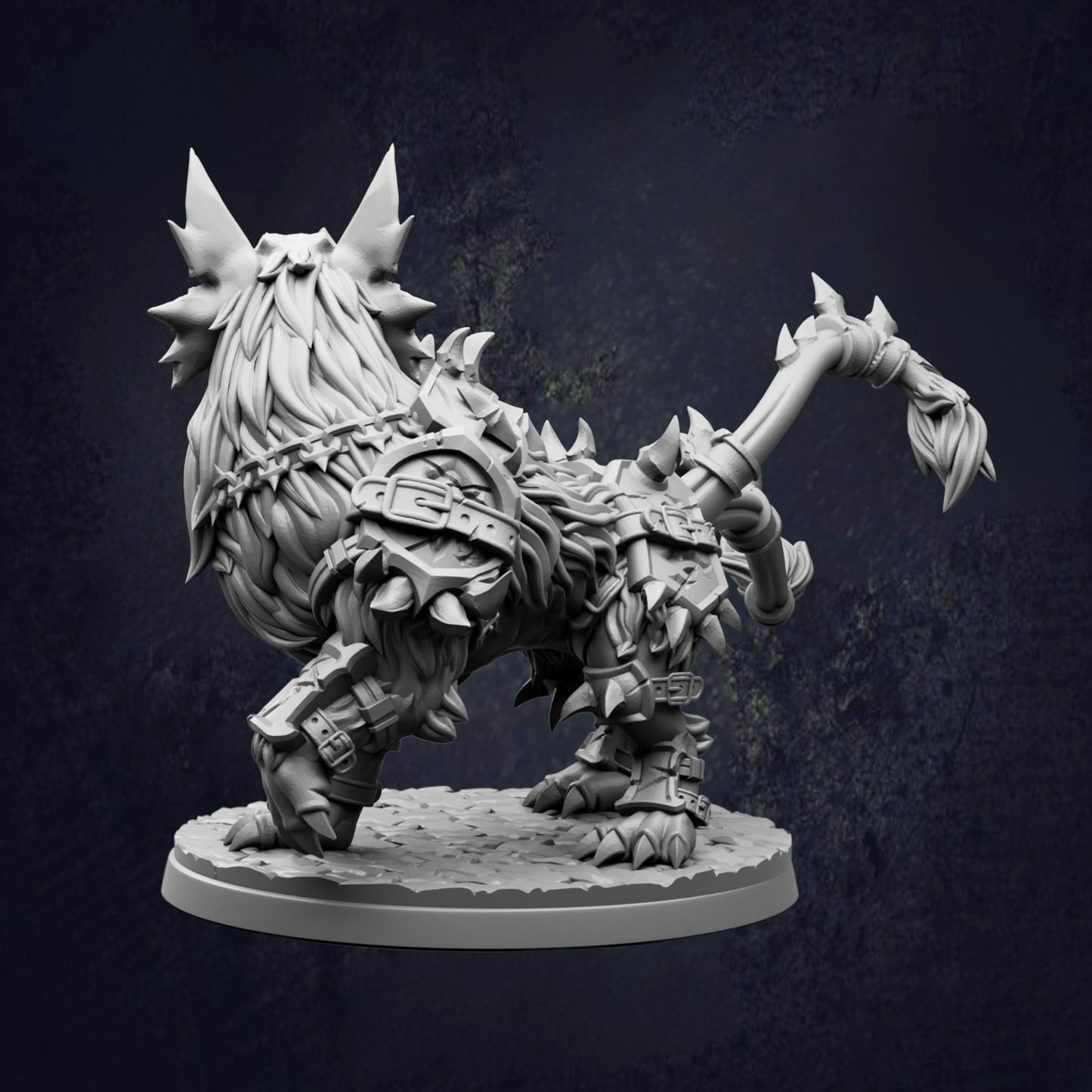 A detailed 3D model of a fierce-looking, armored creature with sharp teeth and claws, standing on a platform against a dark background.