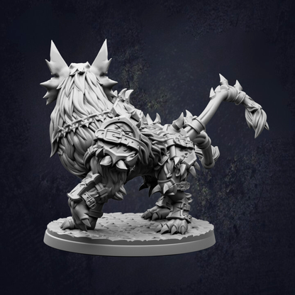 A detailed 3D model of a fierce-looking, armored creature with sharp teeth and claws, standing on a platform against a dark background.