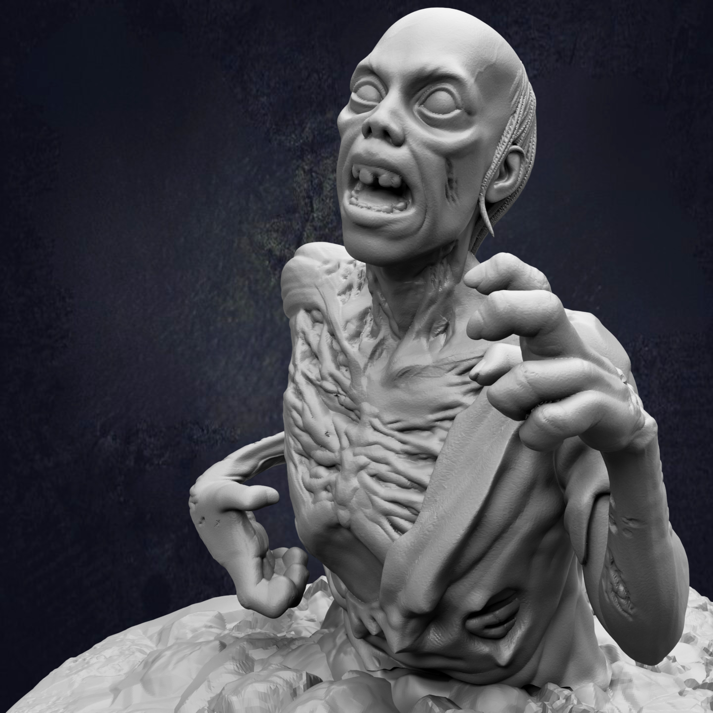 A close-up of a detailed, sculpted human figure with exaggerated features, including a large nose, wide eyes, and a menacing expression.