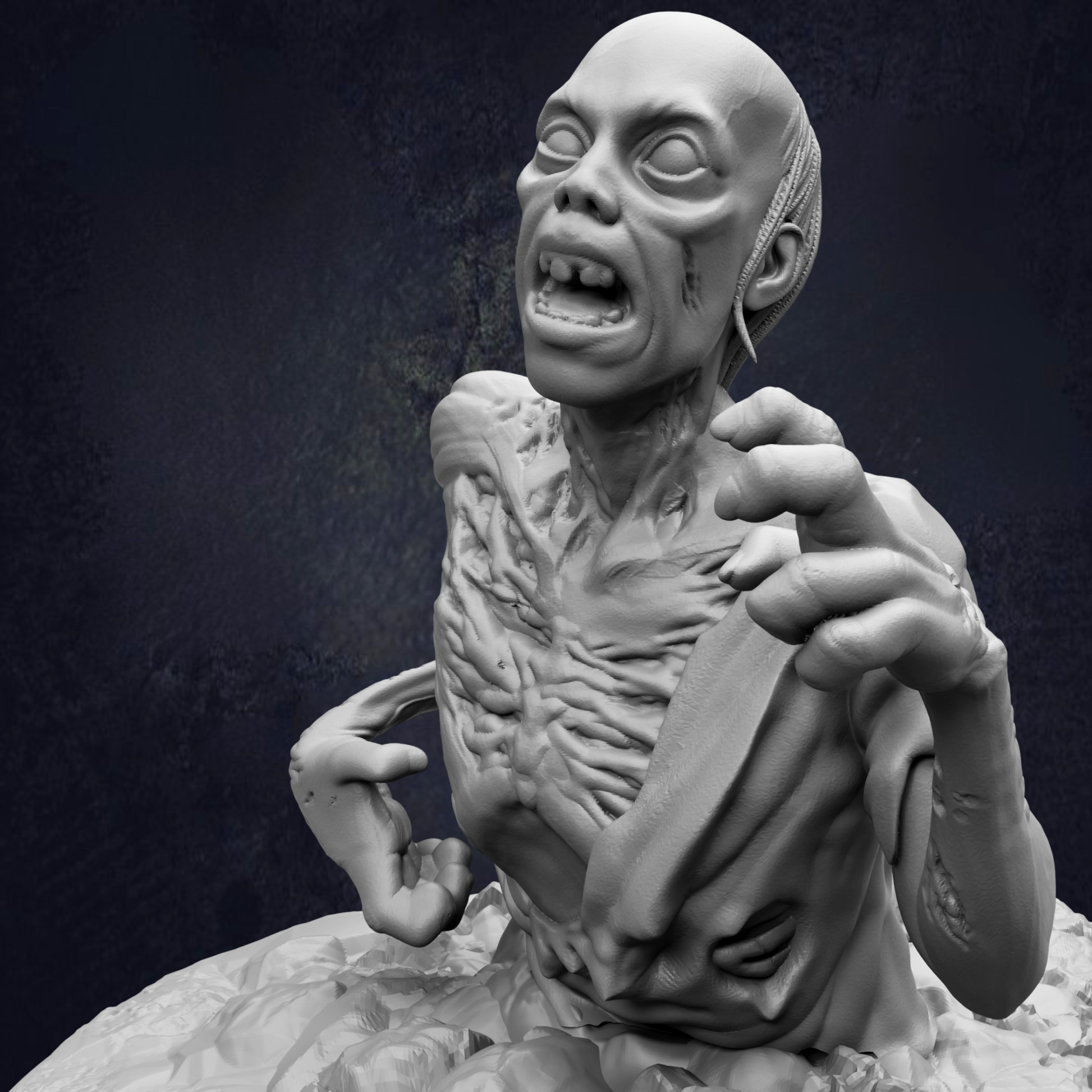 A close-up of a detailed, sculpted human figure with exaggerated features, including a large nose, wide eyes, and a menacing expression.