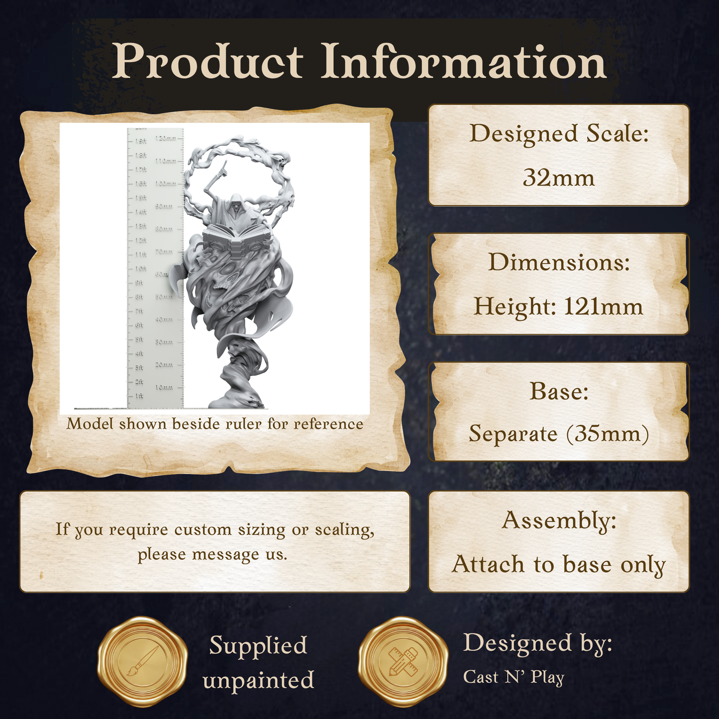 The image is a product information page for a model, which is a figurine or sculpture. The page provides details about the model, including its dimensions, base, and assembly instructions.