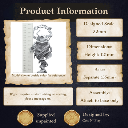 The image is a product information page for a model, which is a figurine or sculpture. The page provides details about the model, including its dimensions, base, and assembly instructions.