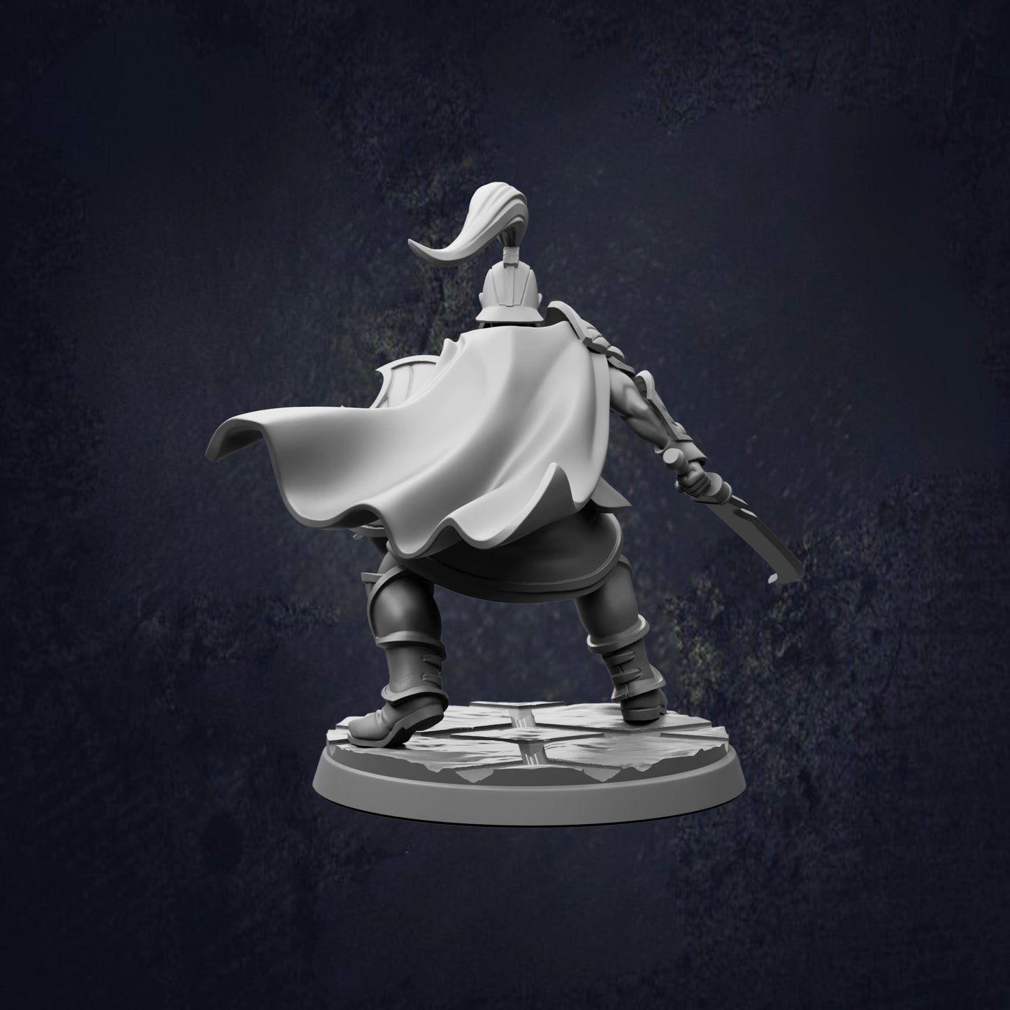 A 3D rendering of a figure in a cape, standing on a platform and holding a weapon.