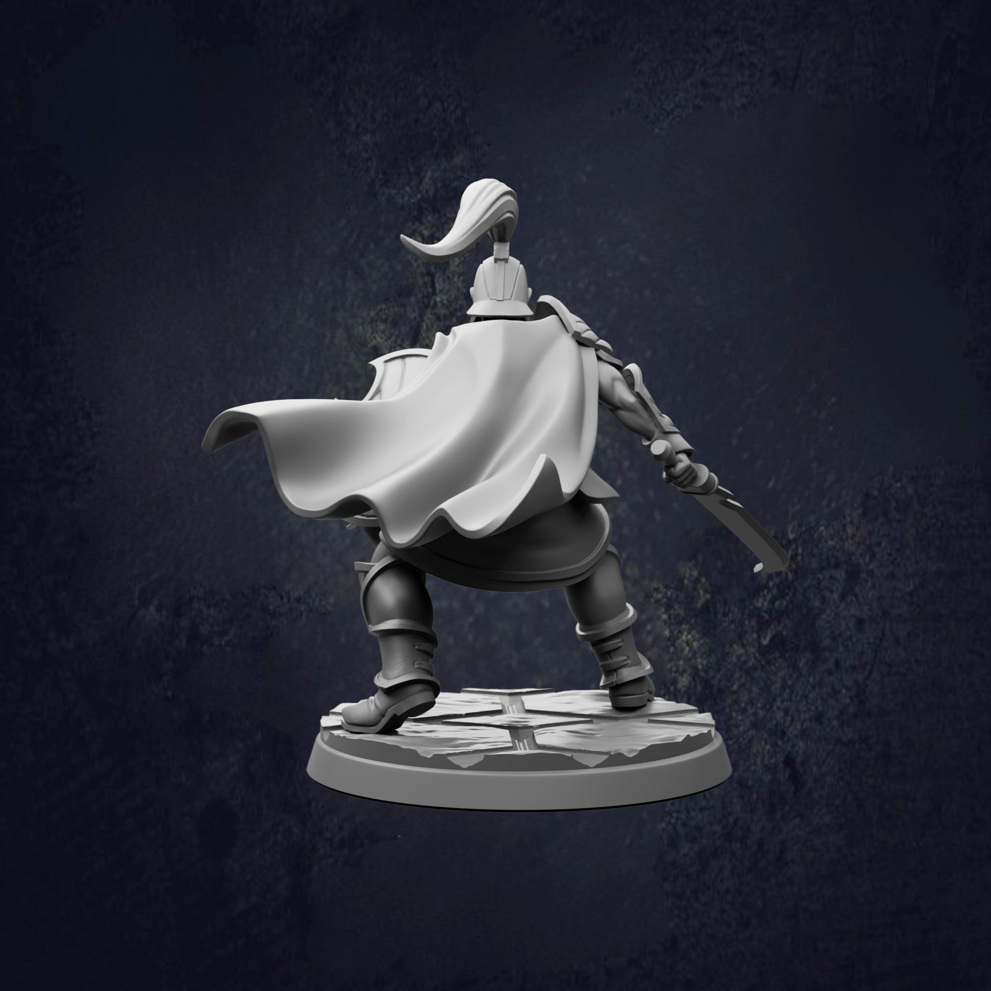 A 3D rendering of a figure in a cape, standing on a platform and holding a weapon.