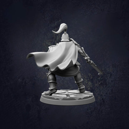 A 3D rendering of a figure in a cape, standing on a platform and holding a weapon.