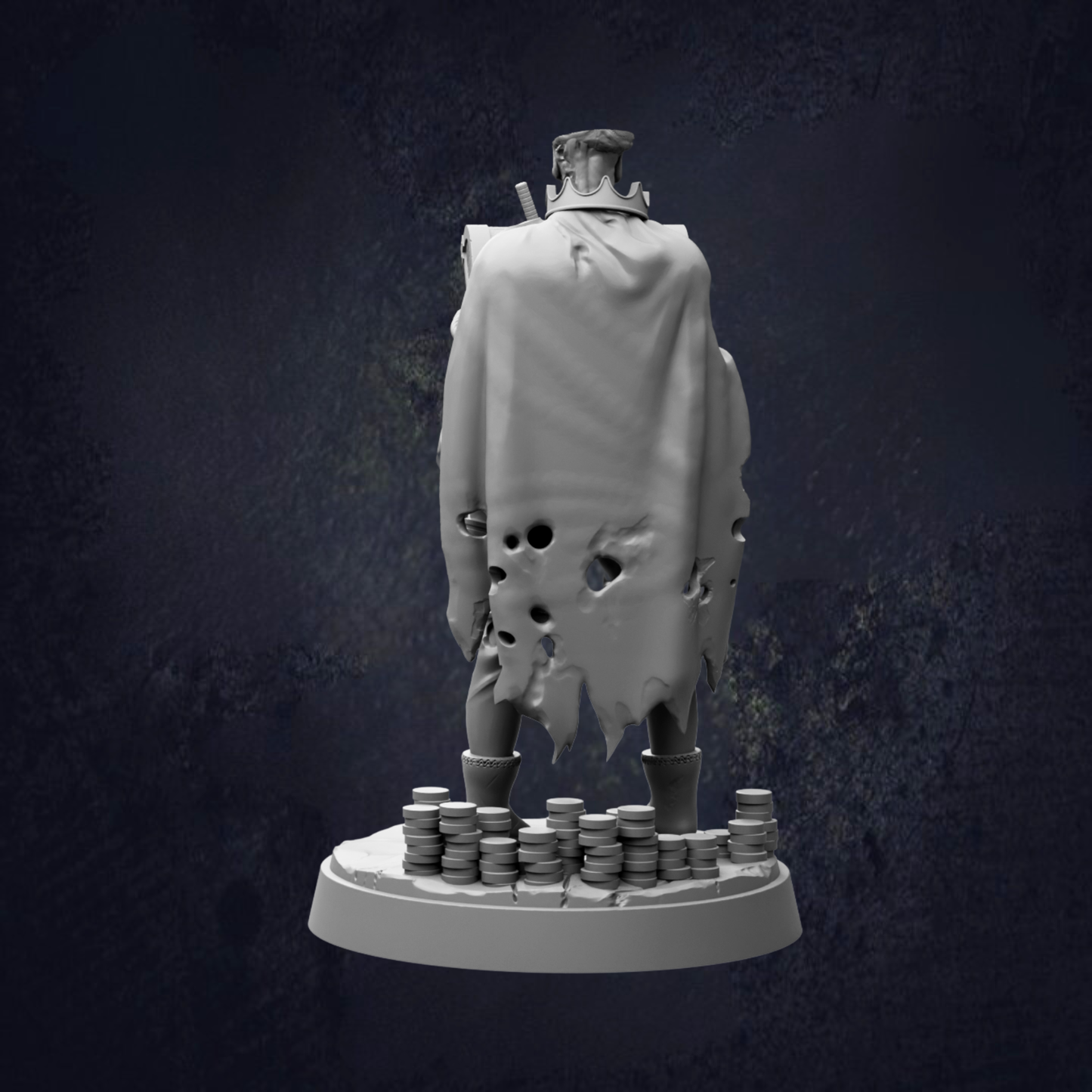 A 3D rendering of a damaged and torn statue of a person, standing on a base with stacks of coins underneath.