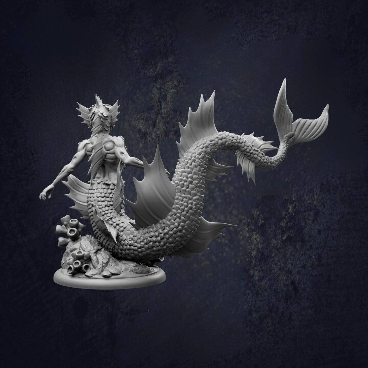 A detailed 3D model of a mermaid-like creature with a long, flowing tail and a headdress, standing on a rock formation.