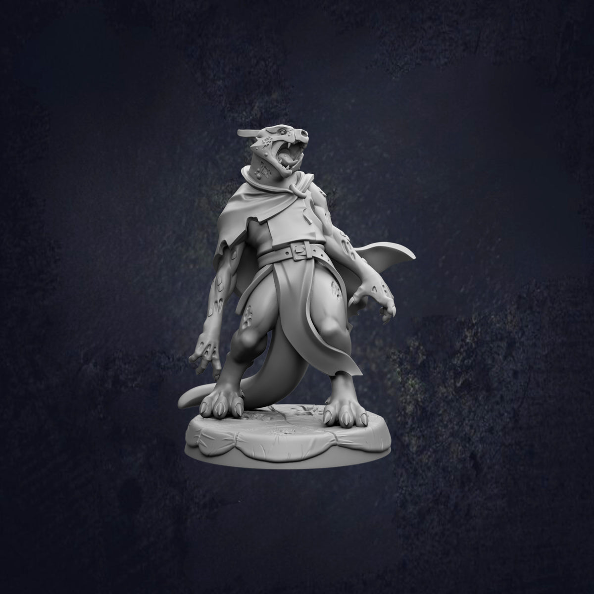 A 3D model of a fierce-looking dragon-like creature with sharp teeth and claws, standing on a platform against a dark background.