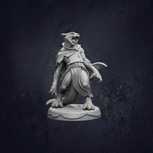 A 3D model of a fierce-looking dragon-like creature with sharp teeth and claws, standing on a platform against a dark background.