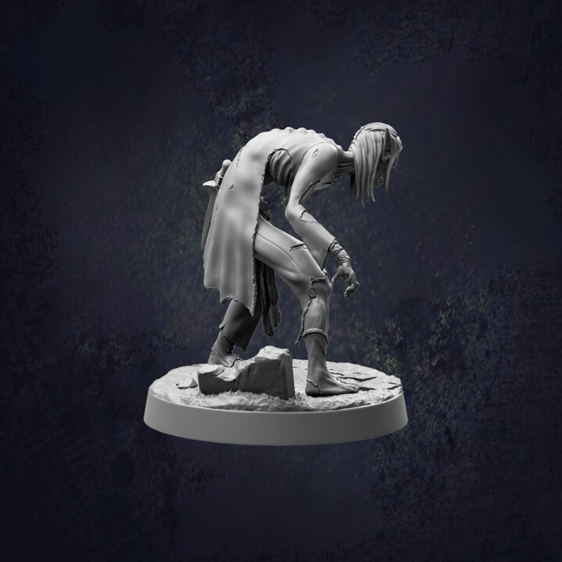 A 3D rendering of a zombie-like figure crouching on a rock, with a dark background.