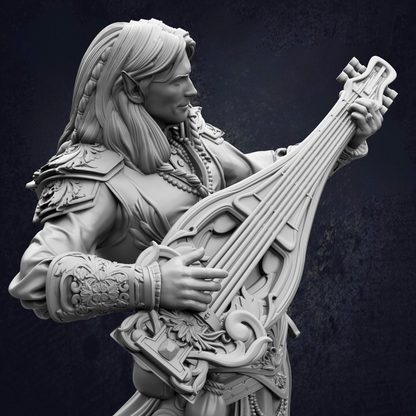 A detailed 3D rendering of a person playing a lute, with intricate details and a realistic appearance.
