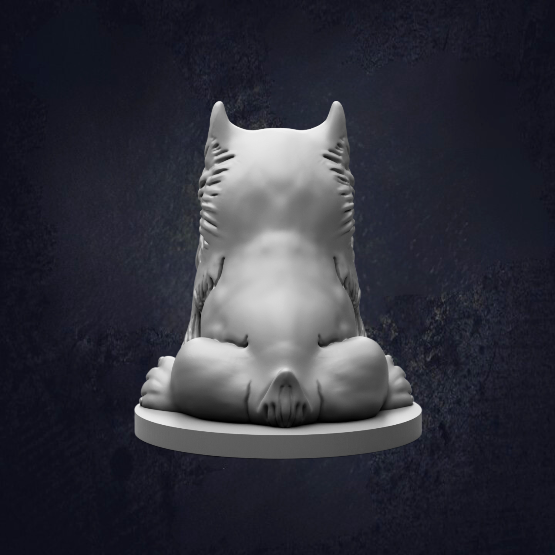 A white, sculpted statue of a cat or feline figure is shown against a dark background.