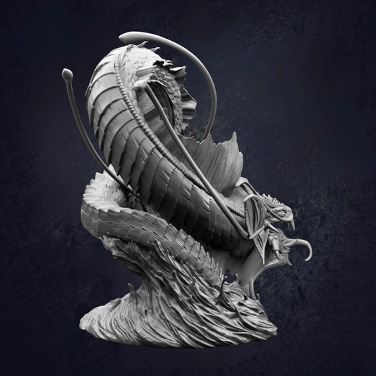 A detailed 3D model of a fantastical creature, possibly a dragon or serpent, with intricate scales and a curled body.