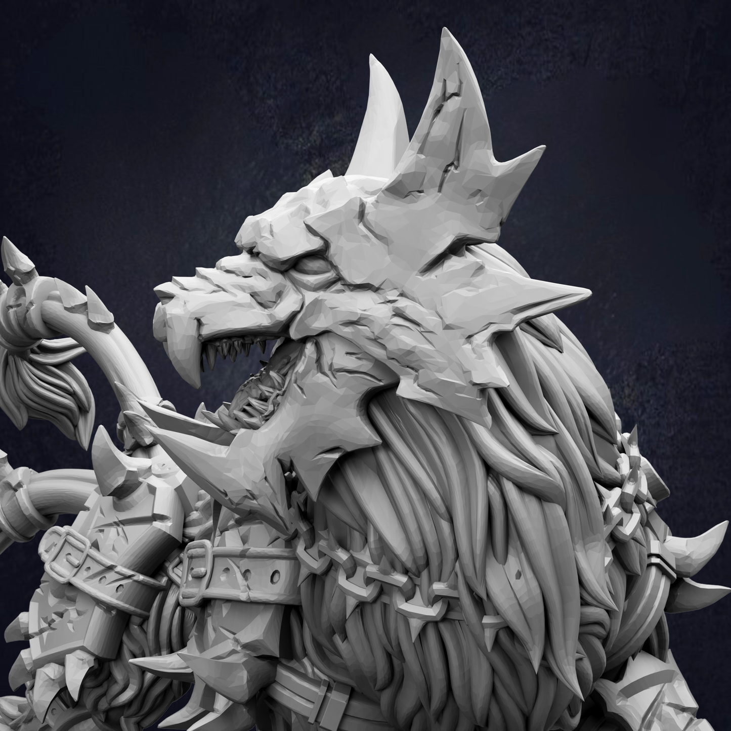 A detailed 3D rendering of a fierce-looking creature with sharp teeth and claws, set against a dark background.