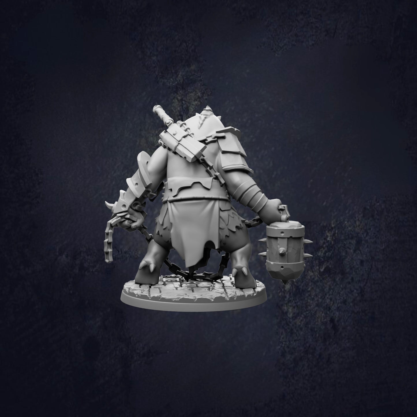 A 3D model of a heavily armored and armed fantasy character, possibly a monster or a dragon-like creature, is shown against a dark background.