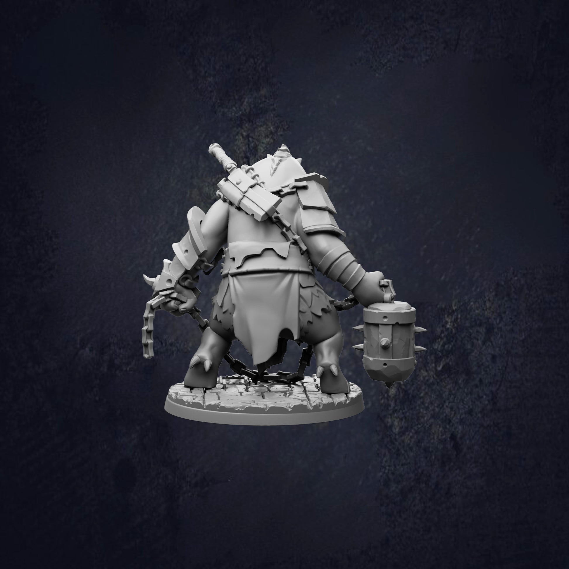 A 3D model of a heavily armored and armed fantasy character, possibly a monster or a dragon-like creature, is shown against a dark background.