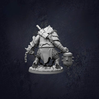 A 3D model of a heavily armored and armed fantasy character, possibly a monster or a dragon-like creature, is shown against a dark background.