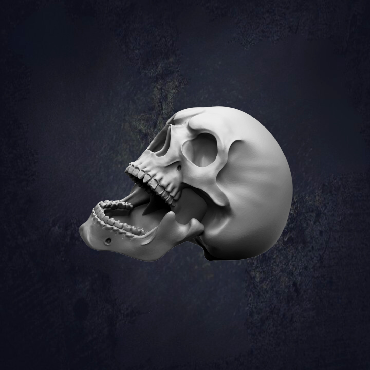 A 3D rendering of a skull with its mouth open, set against a dark background.
