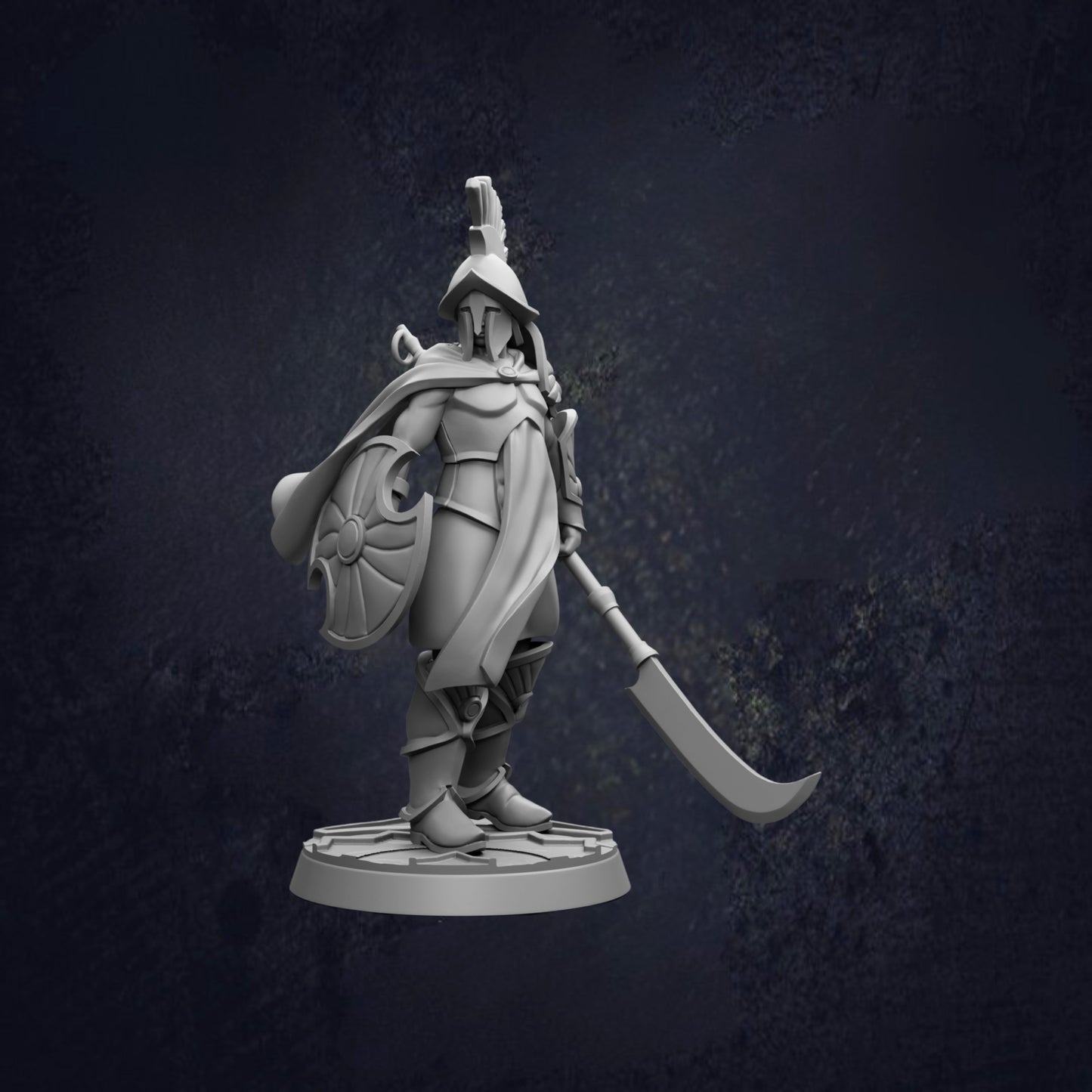 A 3D model of a warrior figure holding a shield and sword, standing in a dark environment.