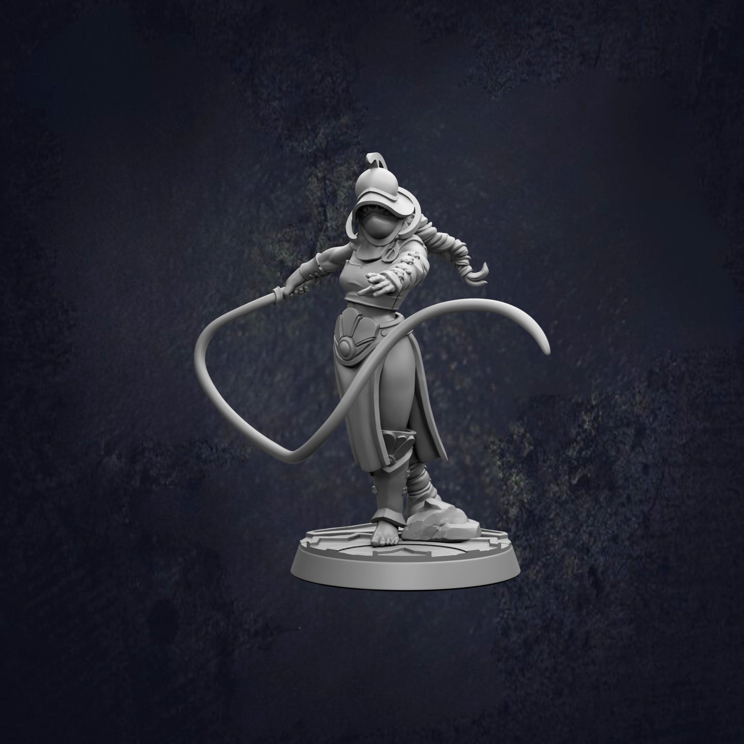 A 3D model of a female character with a long, curved weapon in her hand, standing on a platform against a dark background.