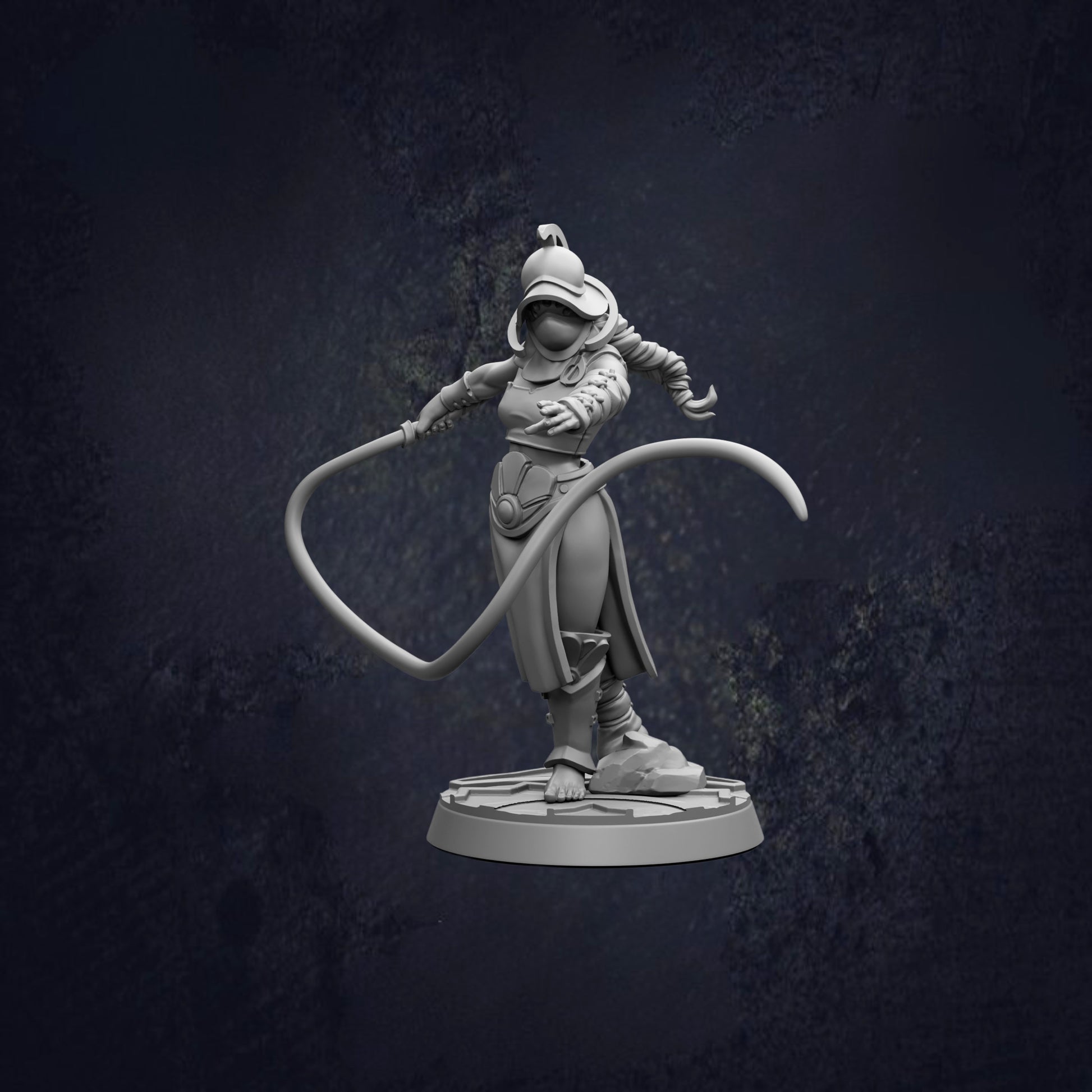 A 3D model of a female character with a long, curved weapon in her hand, standing on a platform against a dark background.
