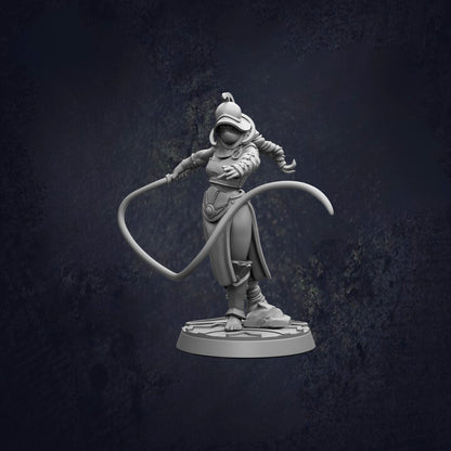 A 3D model of a female character with a long, curved weapon in her hand, standing on a platform against a dark background.