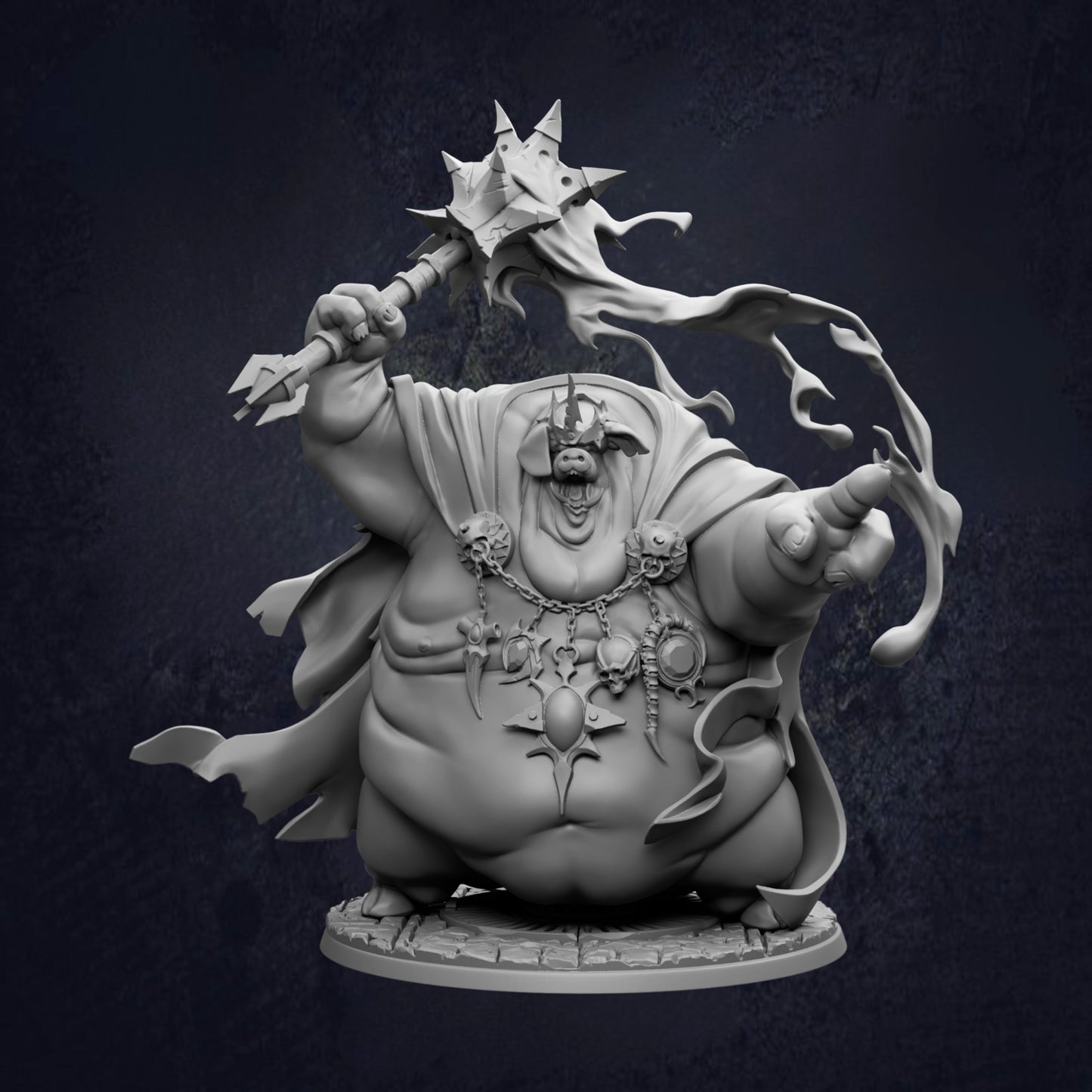 A 3D rendering of a fantastical, monstrous creature with a large, protruding head and a wide, expressive mouth. The creature is holding a large, spiked weapon in its right hand and appears to be in a dynamic, action-packed pose.