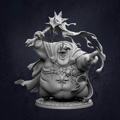 A 3D rendering of a fantastical, monstrous creature with a large, protruding head and a wide, expressive mouth. The creature is holding a large, spiked weapon in its right hand and appears to be in a dynamic, action-packed pose.