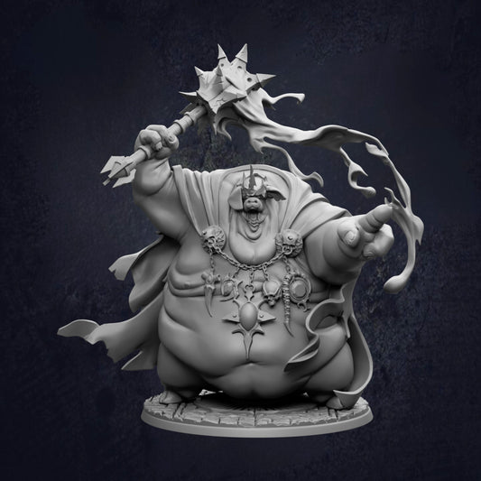 A 3D rendering of a fantastical, monstrous creature with a large, protruding head and a wide, expressive mouth. The creature is holding a large, spiked weapon in its right hand and appears to be in a dynamic, action-packed pose.