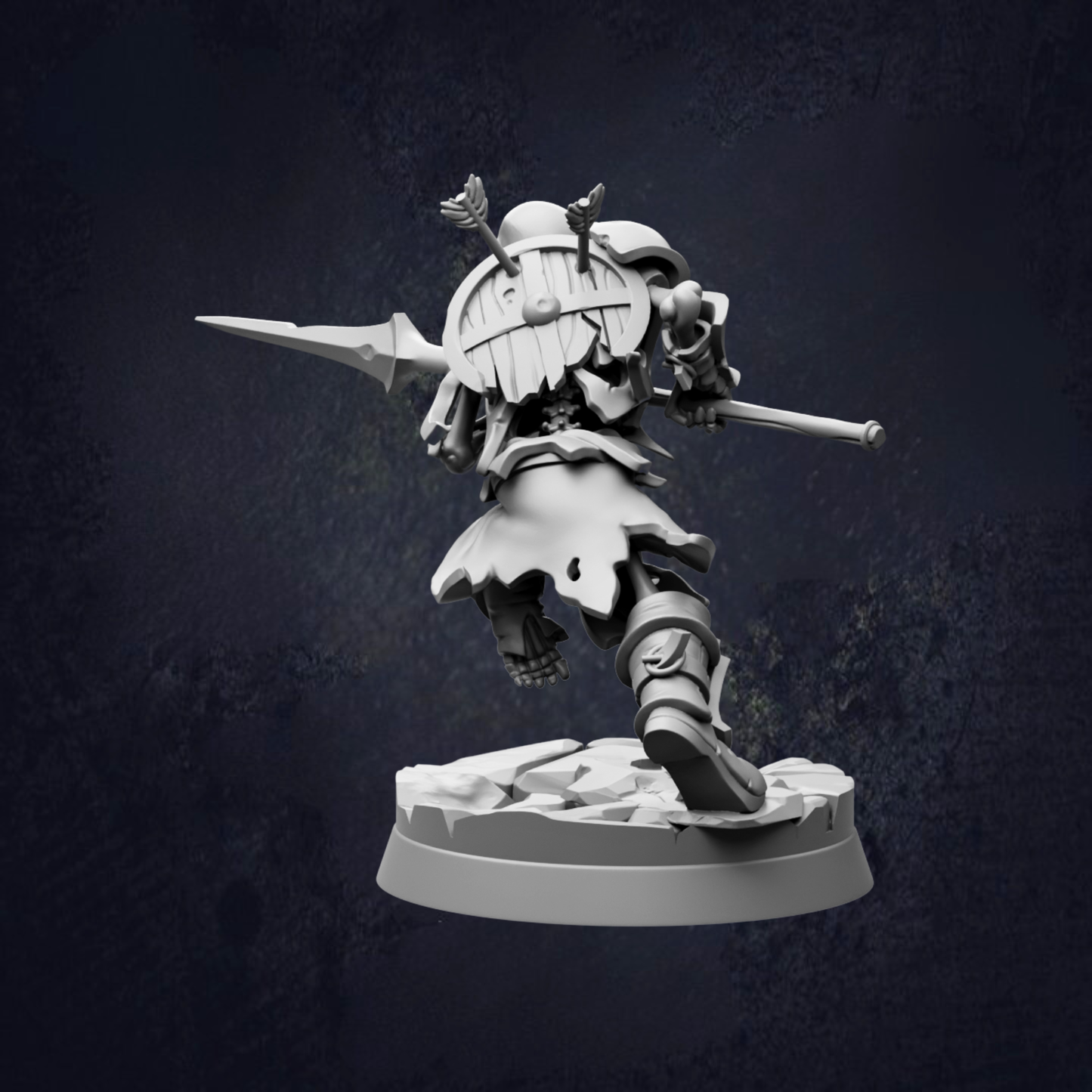 A 3D rendering of a warrior figure, wearing a helmet and armor, holding a sword and shield, standing on a rocky base against a dark background.