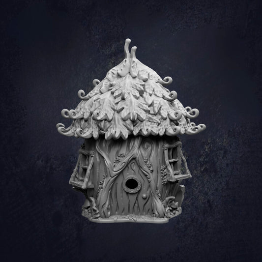 A whimsical, intricately designed birdhouse with a pointed roof and decorative leaves, set against a dark background.
