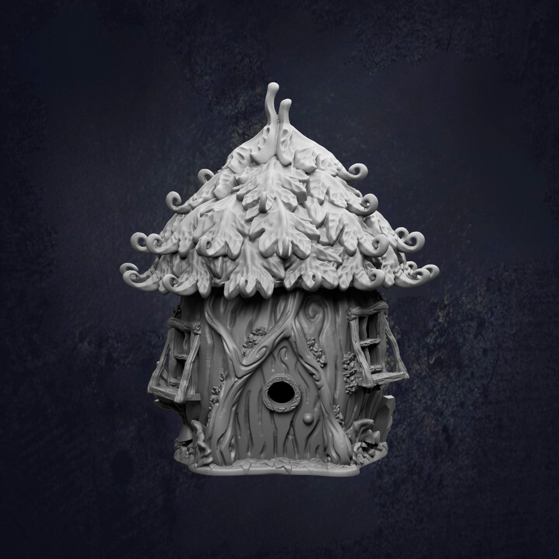 A whimsical, intricately designed birdhouse with a pointed roof and decorative leaves, set against a dark background.