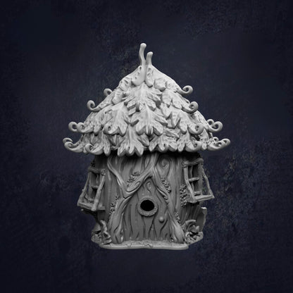 A whimsical, intricately designed birdhouse with a pointed roof and decorative leaves, set against a dark background.