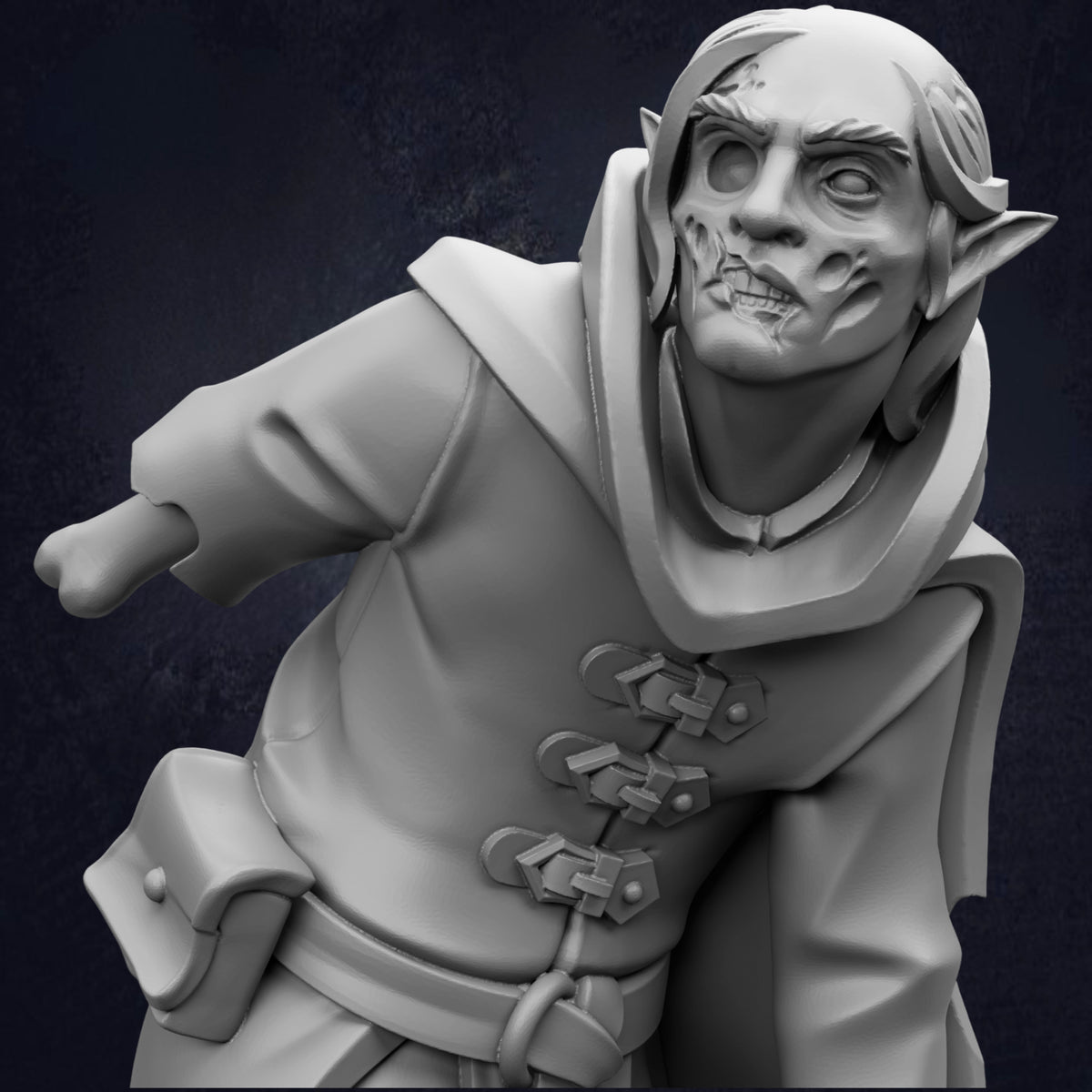 A detailed 3D rendering of a zombie-like character with a twisted face, wearing a cape and a backpack.