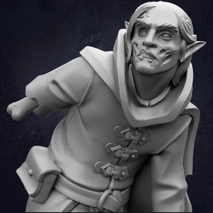 A detailed 3D rendering of a zombie-like character with a twisted face, wearing a cape and a backpack.