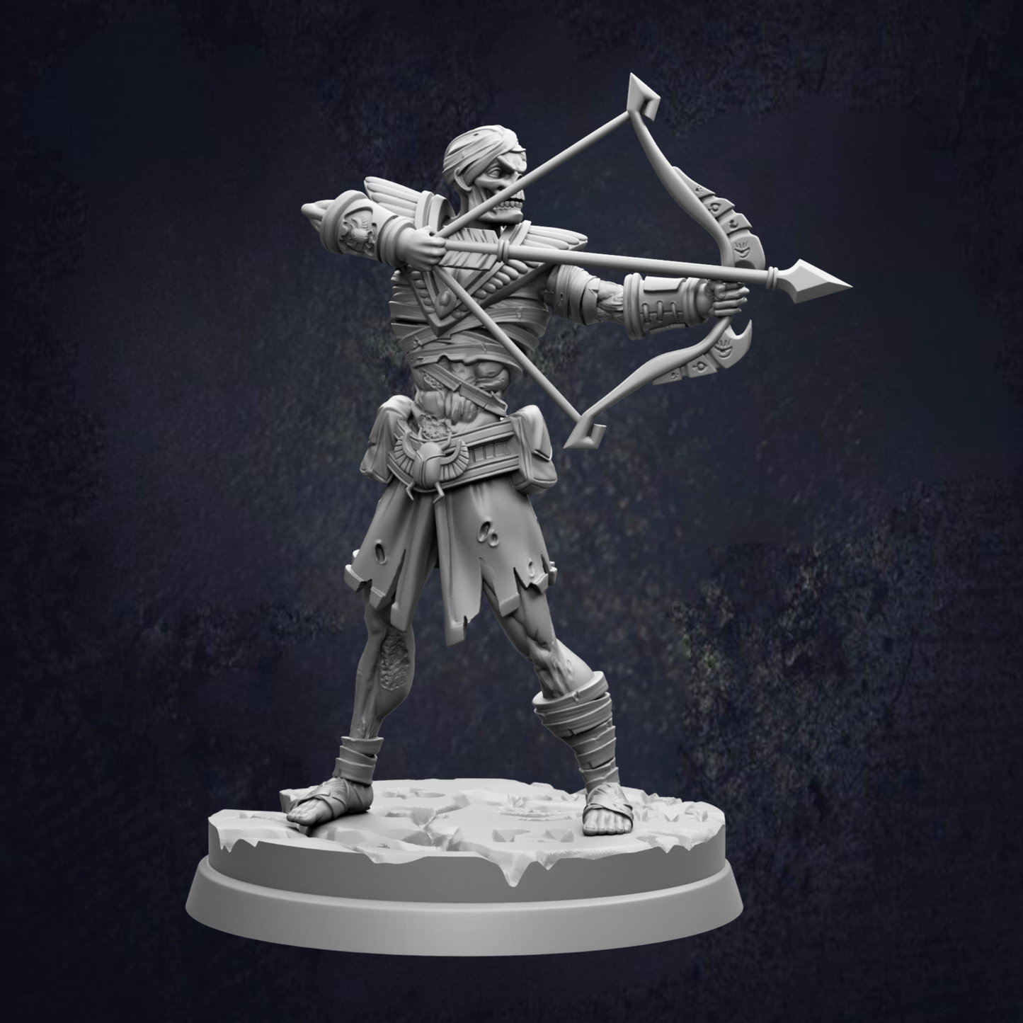A 3D model of a warrior figure holding a bow and arrow, standing on a base.