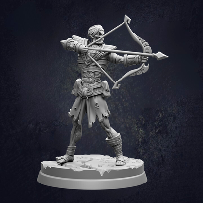 A 3D model of a warrior figure holding a bow and arrow, standing on a base.