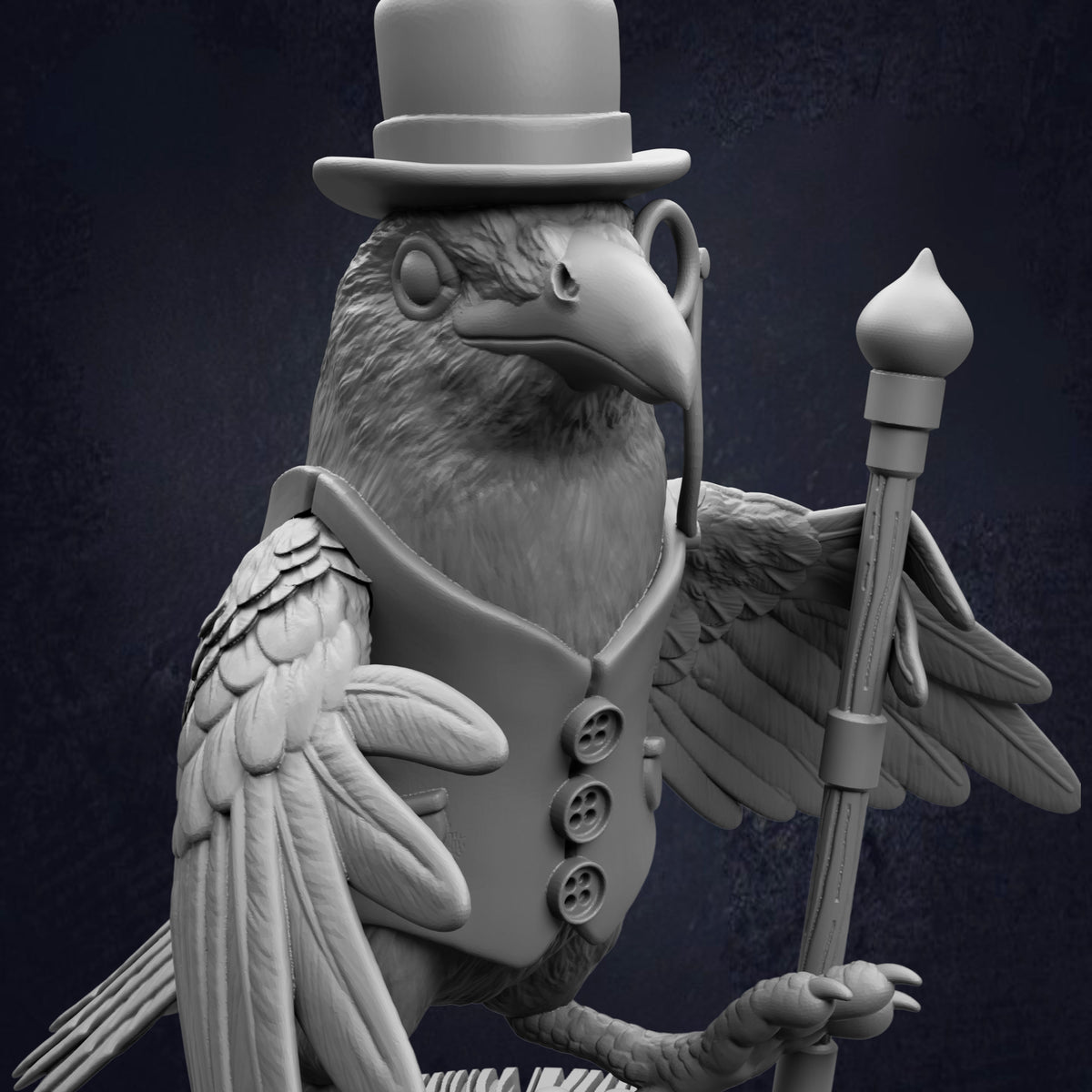 A detailed 3D rendering of a bird wearing a top hat and holding a cane, set against a dark background.